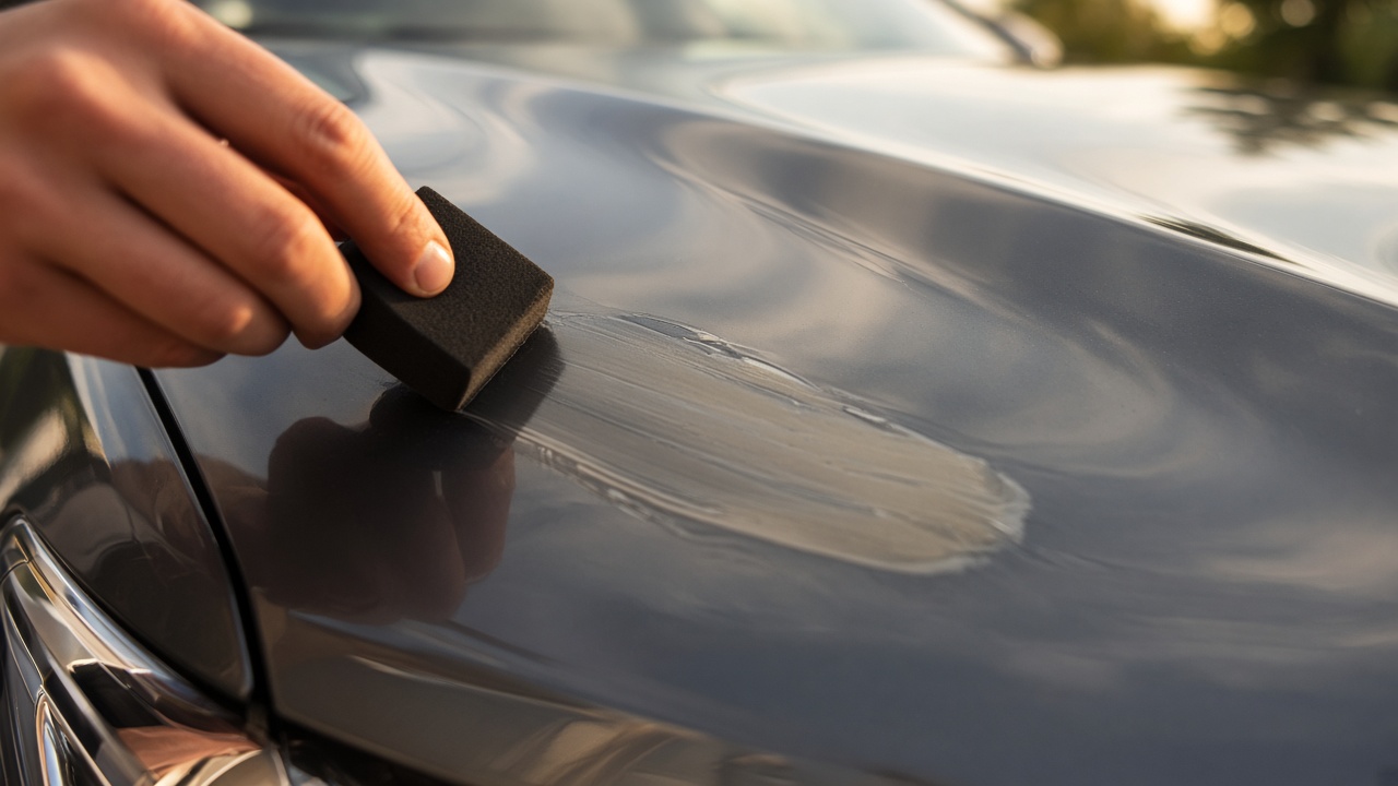 Wash lead applying a compatible wax finish beside the dry bay at Oz Sparkle Car Wash